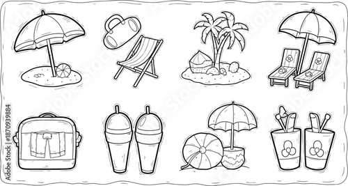 Summer beach vacation doodles and elements on transparent background