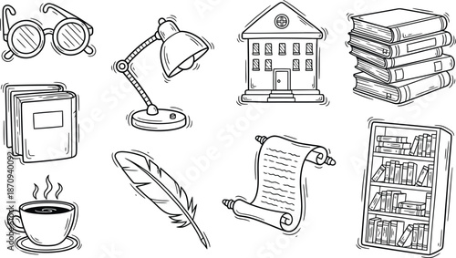 Academic Doodle Icons. Hand-drawn doodle illustration Academic discipline [open book, notebook, pencil, ruler, graduation cap, checklist, alarm