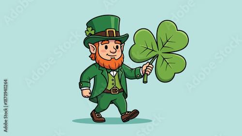 Cute Cartoon Leprechaun Holding a Large FourLeaf Clover.