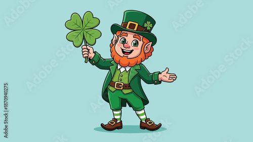 Cute Cartoon Leprechaun Holding a FourLeaf Clover.