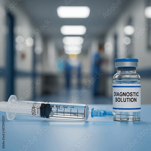 Medical Diagnostic Solution with Syringe in Hospital Corridor