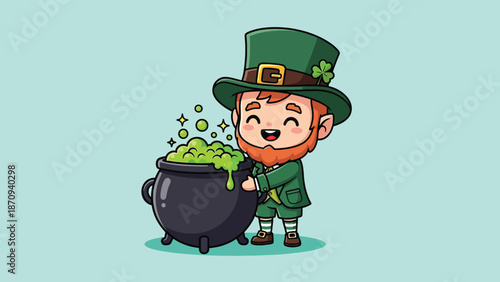 Cute Cartoon Leprechaun Holding Pot of Gold Illustration.