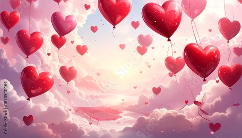 Colorful heart balloons float among soft clouds in the sky during a sunset celebration of love and joy