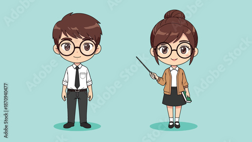 Cute Cartoon Male and Female Teachers with Glasses.