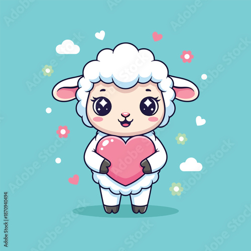 Cute cartoon sheep holding a pink heart on a blue background.