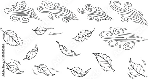 Minimalist wind and weather icon set with clouds and leaves
