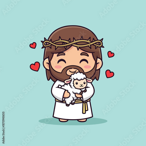 Cute Jesus Christ holding a lamb with heart