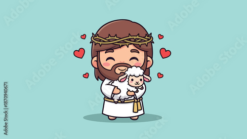 Cute Jesus Christ with a lamb and hearts illustration.