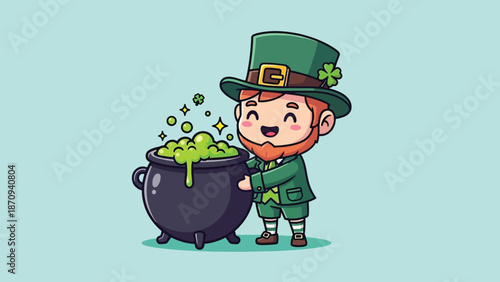 Cute Leprechaun with Pot of Gold Celebrating St Patricks Day.
