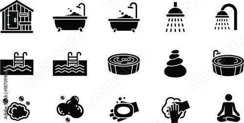 Minimalist linear icon set of bathtubs with shower and water details