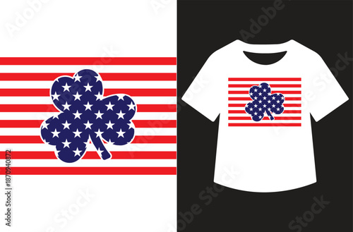 Patriotic shamrock shaped from the American flag in red, white, and blue stars and stripes on black background, depicted standalone and on black T-shirt mockup. Iconic vector fusing Irish heritage and