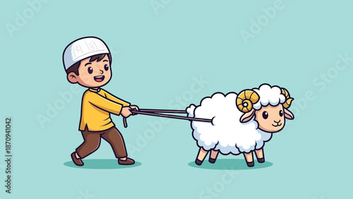 Cute Muslim Boy Pulling Sheep for Eid alAdha Celebration.