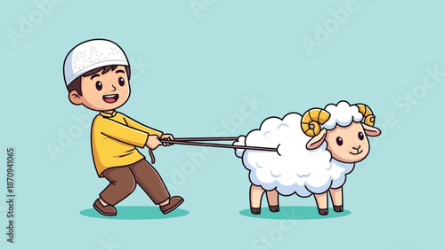 Cute Muslim Boy Pulling a Sheep for Eid alAdha Celebration.