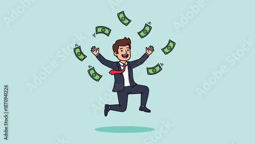 Happy Businessman Jumping with Money Falling Around.