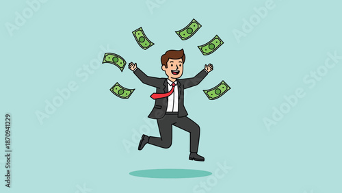 Happy Businessman Jumping with Money Falling Around Him.