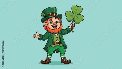 Happy Leprechaun Holding a Shamrock for St Patricks Day.
