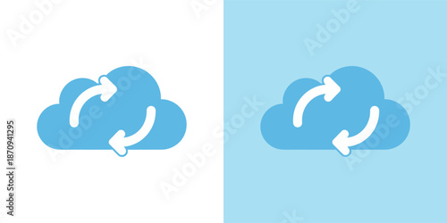 Cloud icons with arrows symbolizing data synchronization against contrasting white and blue backgrounds