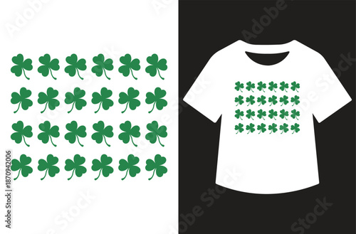 Grid of 20 lime green shamrocks arranged in four rows on black background, illustrated standalone and printed on black T-shirt mockup. Seamless vector pattern perfect for St. Patrick's Day fabric.