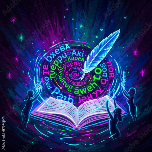 Mystical Open Book with Feather Quill and Glowing Energy