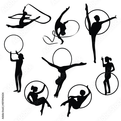 Rhythmic Gymnastics Silhouette Set with Hoop and Ribbon Poses