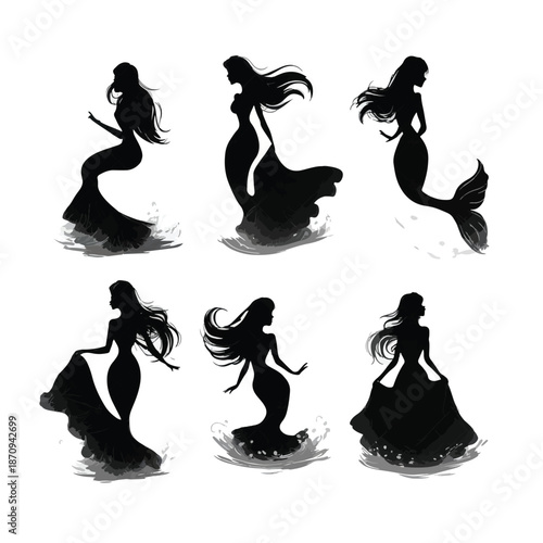 set of silhouettes of mermaid