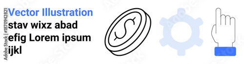 Business strategy, digital tools, financial operations, user interface, decision-making, productivity. Coin icon, gear and hand gesture. Financial operations and digital tools