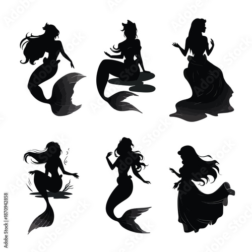 set of silhouettes of mermaid