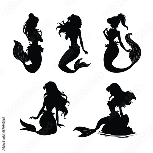 set of silhouettes of mermaid