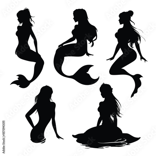 set of silhouettes of mermaid