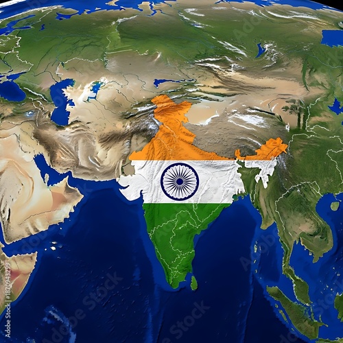 Satellite view of India map and flag overlay on earth surface with surrounding countries