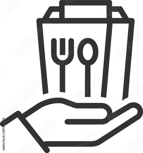 Food delivery service icon with hand holding takeout meal box, restaurant catering order concept for online food ordering illustration vector