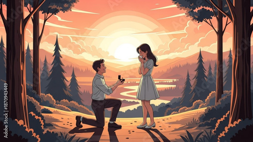 Man Proposing to Woman in Forest during Sunset
