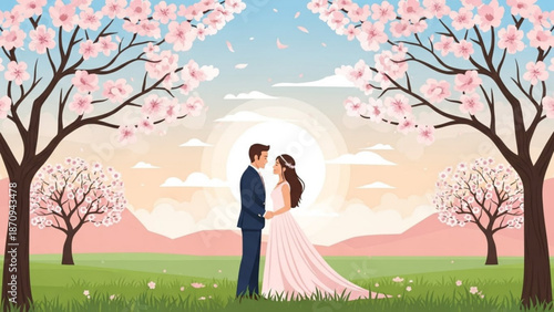 Couple in Love Standing Together under Blooming Trees during Sunset