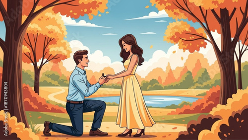 Man Proposing to Woman in Autumn Park during Sunset