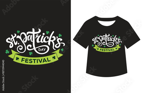 White St. Patrick's Day artwork featuring leprechaun hat, shamrocks, and swirling "Happy St. Patrick's Day" script, displayed standalone and on a black T-shirt mockup.