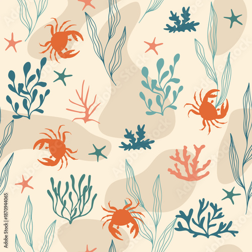 Pattern with crabs and starfish. Underwater seamless pattern