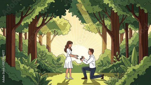 Man Proposing to Woman in Forest during Sunset