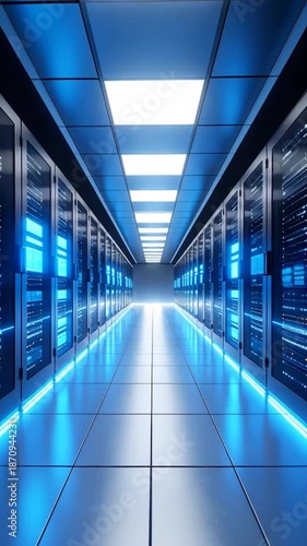 Illuminated server room featuring data center hardware and technology infrastructure racks in perspective view, blue neon lighting.