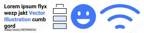 Technology, connectivity, communication, emotions, signal , energy levels. Blue happy face, stacked battery bars and wireless icon. Connectivity and communication concept