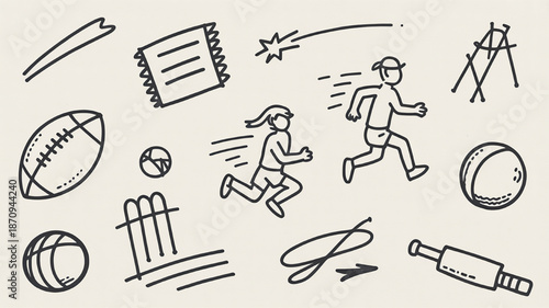 Collection of hand-drawn sports icons and elements sketch style doodles for active lifestyle and fitness concepts isolated on beige background