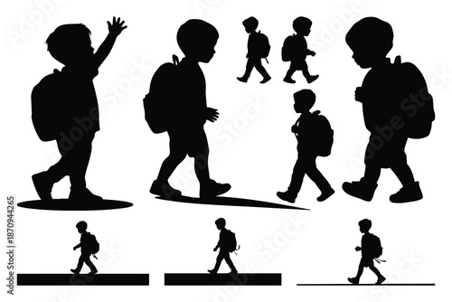 Silhouettes of children walking with backpacks school 1