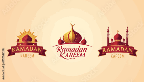 Three Ramadan Kareem graphics with mosque silhouettes, domes, minarets, sunburst, and red ribbon accents