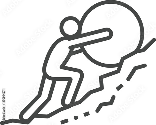 Man Pushing Large Heavy Boulder Up Steep Rocky Hill Representing Perseverance Success Hard Work Ambition Resilience Overcoming Obstacles and Business Challenges