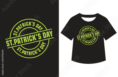White St. Patrick's Day artwork featuring leprechaun hat, shamrocks, and swirling "Happy St. Patrick's Day" script, displayed standalone and on a black T-shirt mockup.