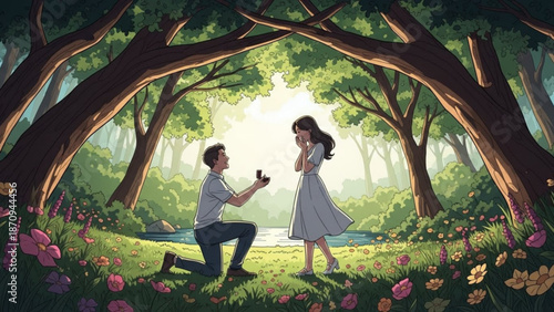 Man Proposing to Woman in Forest during Romantic Surprise