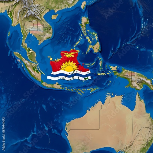 kiribati flag superimposed on australia map and pacific ocean satellite view