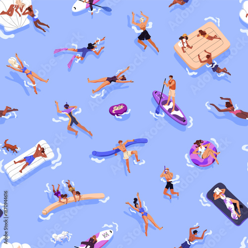 Repeatable pattern of people swimming at sea resort top view. Endless background of tourists sunbathing, floating on inflatable circles, pool rafts on summer holiday. Flat seamless vector illustration
