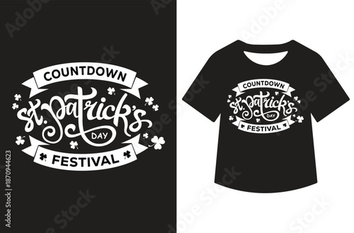 White St. Patrick's Day artwork featuring leprechaun hat, shamrocks, and swirling "Happy St. Patrick's Day" script, displayed standalone and on a black T-shirt mockup.