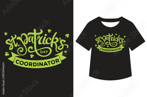 White St. Patrick's Day artwork featuring leprechaun hat, shamrocks, and swirling "Happy St. Patrick's Day" script, displayed standalone and on a black T-shirt mockup.