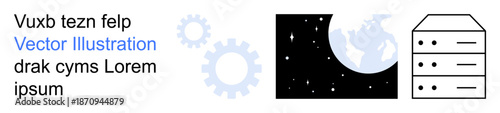 Data storage, global network, technological systems, digital infrastructure, online data exchange, futuristic design. Earth, gears and a server stack with minimal design. Data storage and global